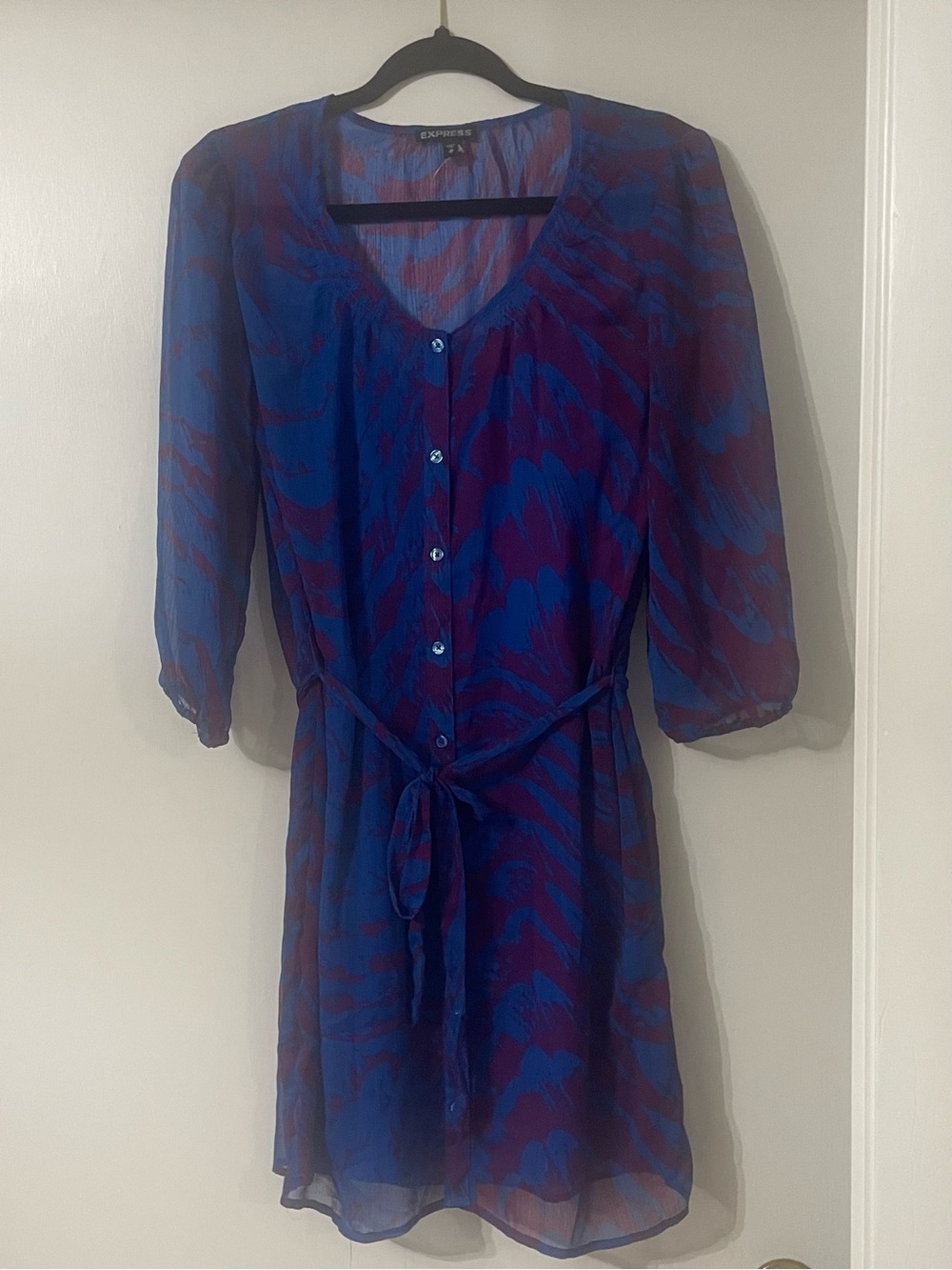 Express Blue and Purple Sheer Button-Front Tie-Waist Mini Dress
